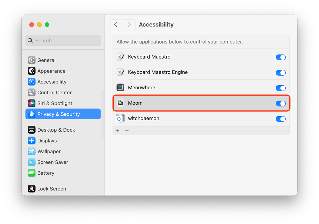 The list of Accessibility-approved apps.